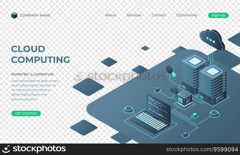 Cloud computing isometric landing page. Cloud storage server. Cloud computing online database technology. Vector illustration