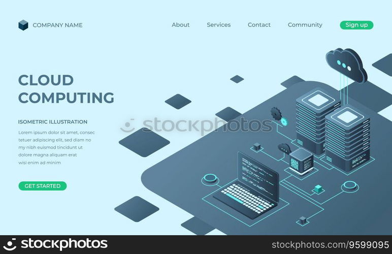 Cloud computing isometric landing page. Cloud storage server. Cloud computing online database technology. Vector illustration
