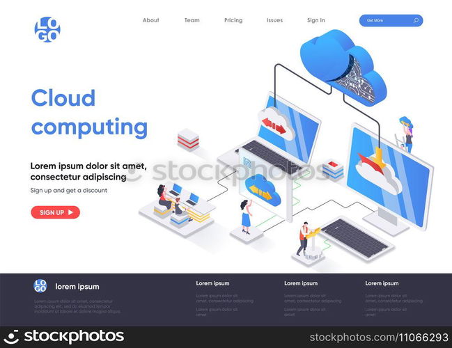 Cloud computing isometric landing page. Hosting platform, big data processing, cloud database administration isometry web page. Website flat template, vector illustration with people characters.
