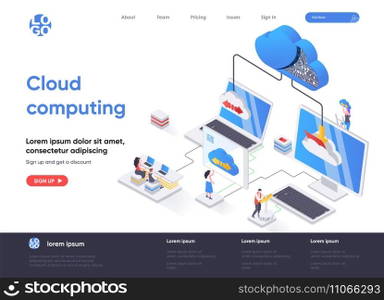 Cloud computing isometric landing page. Hosting platform, big data processing, cloud database administration isometry web page. Website flat template, vector illustration with people characters.