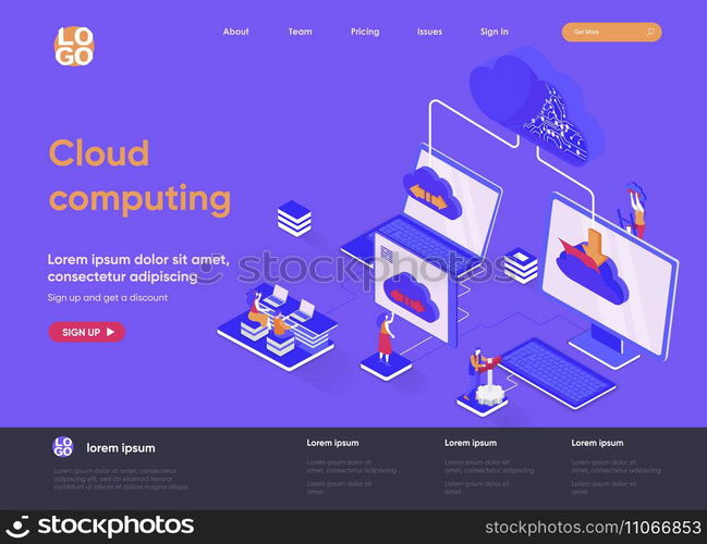 Cloud computing isometric landing page. Hosting platform, big data processing, cloud database administration isometry web page. Website flat template, vector illustration with people characters.