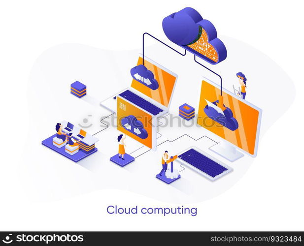 Cloud computing isometric web banner. Hosting platform isometry concept. Big data processing service 3d scene, cloud database administration flat design. Vector illustration with people characters.