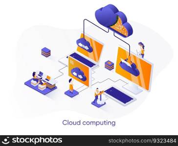 Cloud computing isometric web banner. Hosting platform isometry concept. Big data processing service 3d scene, cloud database administration flat design. Vector illustration with people characters.