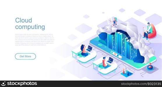 Cloud computing landing page vector template. Data and info storage website header UI layout with isometric illustration. Database server, hosting infrastructure web banner isometry concept