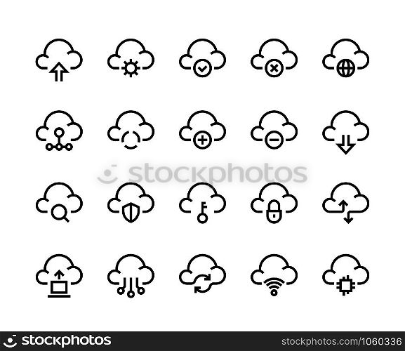 Cloud computing line icons. Network data transfer download sync and upload, internet platform. Vector cloud technology set like service element computer archiving and connected symbols. Cloud computing line icons. Network data transfer download sync and upload, internet platform. Vector cloud technology set