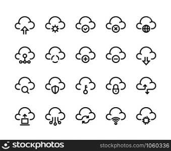 Cloud computing line icons. Network data transfer download sync and upload, internet platform. Vector cloud technology set like service element computer archiving and connected symbols. Cloud computing line icons. Network data transfer download sync and upload, internet platform. Vector cloud technology set