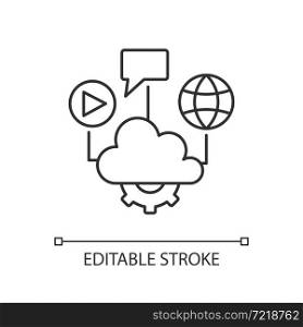 Cloud computing linear icon. Files storage and sharing. Computing services delivering. Thin line customizable illustration. Contour symbol. Vector isolated outline drawing. Editable stroke. Cloud computing linear icon