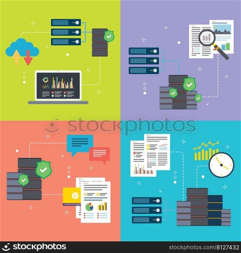 Cloud computing, mining, server, database and data icons. Concepts of cloud computing, data mining, server database and data center. Flat design icons in vector illustration.