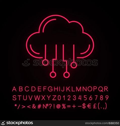 Cloud computing neon light icon. Data cloud. Artificial intelligence. Database. Big data. Glowing sign with alphabet, numbers and symbols. Vector isolated illustration. Cloud computing neon light icon