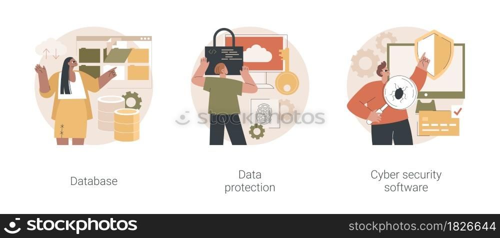 Cloud computing network safety abstract concept vector illustration set. Database data protection, cyber security software, information storage service, access policy, antivirus abstract metaphor.. Cloud computing network safety abstract concept vector illustrations.