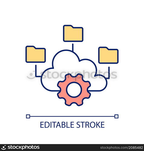 Cloud computing RGB color icon. Datacenter with information storage. Hardware for software. Isolated vector illustration. Simple filled line drawing. Editable stroke. Arial font used. Cloud computing RGB color icon