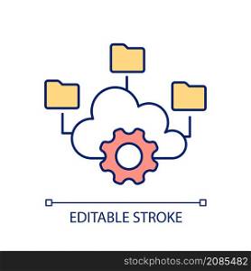 Cloud computing RGB color icon. Datacenter with information storage. Hardware for software. Isolated vector illustration. Simple filled line drawing. Editable stroke. Arial font used. Cloud computing RGB color icon
