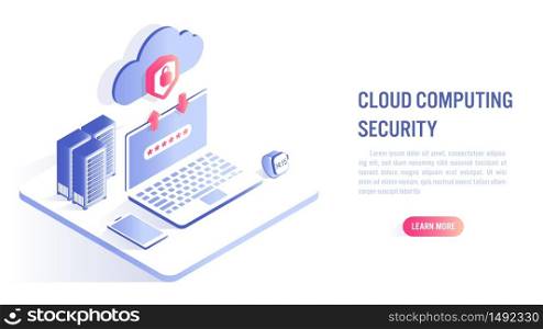 Cloud Computing Security Concept. Data protected exchange on device and online storage. Cloud Technology illustration. Isometric flat vector design.