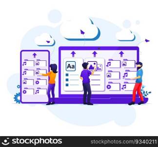 Cloud computing service concept, people work on giant devices, cloud storage, data center vector illustration
