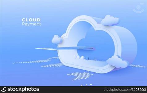 Cloud computing service. Digital connection technology background. Payment online service concept.3d perspective illustration