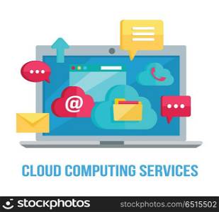 Cloud Computing Services Banner. Cloud computing services banner. Networking communication and data icons on screen of laptop. Data protection, global storage service and online cloud storage, security, privacy, online communication