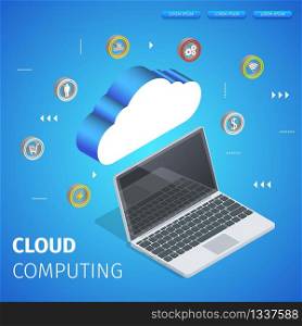 Cloud Computing Square Banner with Copy Space. Flowchart. Data Center Hosting Server Connected with Laptop. Application Icons on Blue Neon Glowing Gradient Background. 3D Isometric Vector Illustration. Data Center Hosting Server Connected with Laptop.