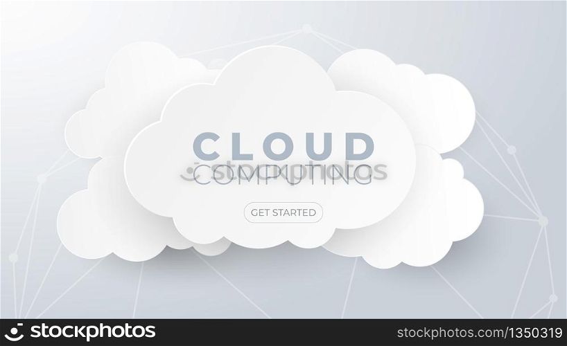 Cloud computing technology and big data concept. Paper art with clouds on white and grey background.