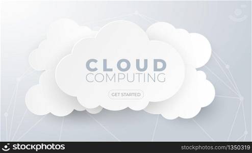 Cloud computing technology and big data concept. Paper art with clouds on white and grey background.