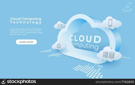 Cloud computing technology background. Digital online service. 3d cloud perspective vector illustration.