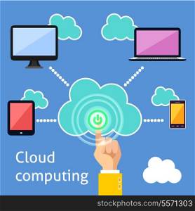 Cloud computing technology power button and connected gadgets of computer tablet mobile phone and laptop infographic vector illustration