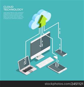 Cloud computing technology users network configuration isometric advertisement poster with pc monitor tablet phone laptop vector illustration . Cloud Computing Technology Isometric Poster