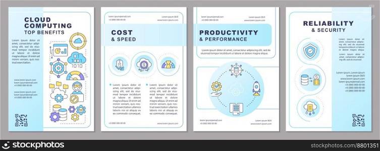 Cloud computing trends benefits light blue brochure template. Leaflet design with linear icons. Editable 4 vector layouts for presentation, annual reports. Arial, Myriad Pro-Regular fonts used. Cloud computing trends benefits light blue brochure template
