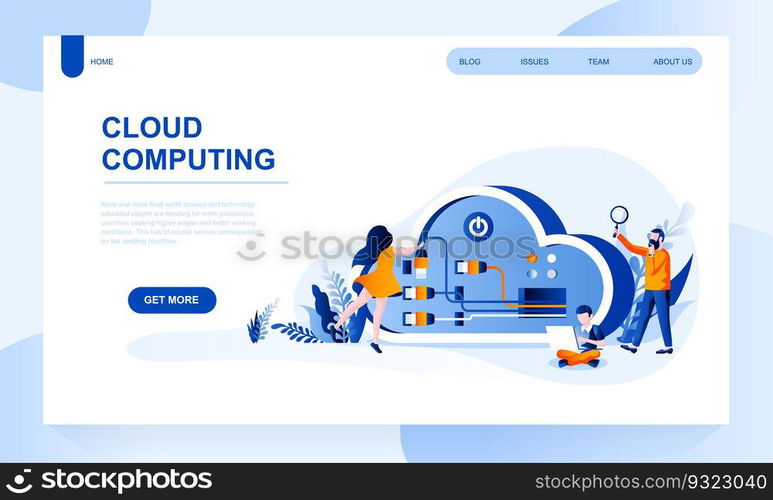Cloud computing vector landing page template with header. Data storage web banner, homepage design with flat illustrations. Computer system resources. Application, platform and infrastructure. Cloud computing vector landing page template with header. Data storage web banner, homepage design with flat illustrations