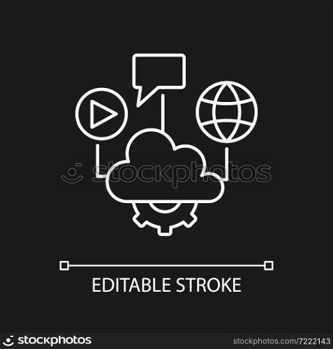 Cloud computing white linear icon for dark theme. Files storage. Computing services delivering. Thin line customizable illustration. Isolated vector contour symbol for night mode. Editable stroke. Cloud computing white linear icon for dark theme