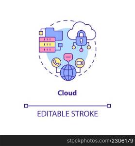 Cloud concept icon. Remote data storage. Internet service. Major digital skills abstract idea thin line illustration. Isolated outline drawing. Editable stroke. Arial, Myriad Pro-Bold fonts used. Cloud concept icon