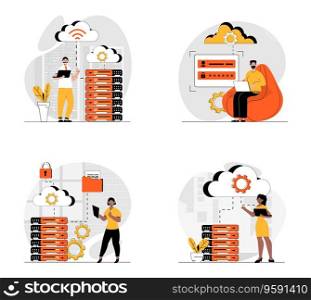 Cloud data center concept with character set. Collection of scenes people work in server room with computing process, technical engineers with hardware racks. Vector illustrations in flat web design