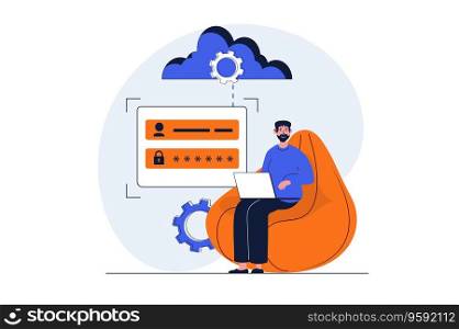 Cloud data center web concept with character scene. Man gets password access to cloud computing and storage. People situation in flat design. Vector illustration for social media marketing material.