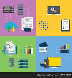 Cloud data, computer, code, hosting and technology icons. Concepts of cloud data base, computer code, data hosting and computer technology. Flat design icons in vector illustration.