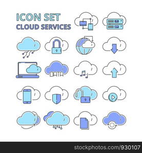 Cloud data icons. Global connection internet online secure technology web safety digital platform system vector symbols isolated. Cloud information on shield, server cyber online illustration. Cloud data icons. Global connection internet online secure technology web safety digital platform system vector symbols isolated