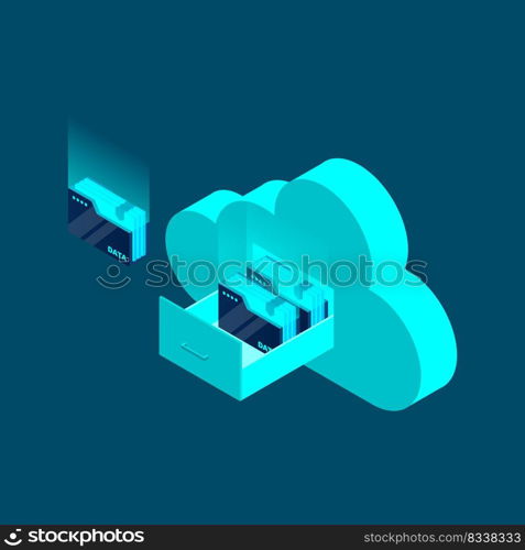 Cloud data storage 3d isometric business technology. Document drawer in cloud-shaped cabinet. Vector illustration