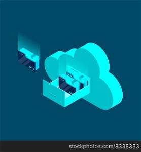 Cloud data storage 3d isometric business technology. Document drawer in cloud-shaped cabinet. Vector illustration