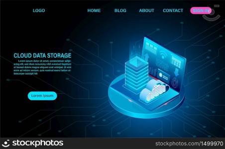 Cloud data storage and server room. server rack with cloud. online computing technology. isometric flat design vector illustration