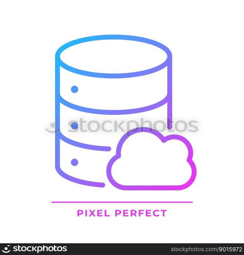 Cloud database pixel perfect gradient linear vector icon. Computing technology of dataset processing. Online server. Thin line color symbol. Modern style pictogram. Vector isolated outline drawing. Cloud database pixel perfect gradient linear vector icon