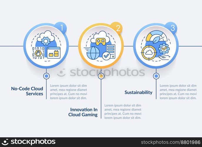Cloud development trends circle infographic template. Digital computing. Data visualization with 3 steps. Editable timeline info chart. Workflow layout with line icons. Lato Bold, Regular fonts used. Cloud development trends circle infographic template