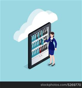 Cloud Documents Storage Isometric Design. Cloud documents storage isometric design with woman near shelves with folders on mobile device screen vector illustration