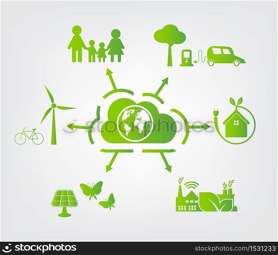 Cloud ecology concept.Green cities help the world with eco-friendly ideas,Vector Illustration