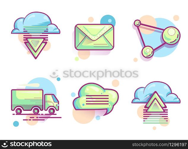 Cloud email icons, set vector illustrations. Modern color pictograms cloud with arrows or upload, download, envelope or mail, delivery truck isolated on white background.. Cloud email icons, modern color pictograms