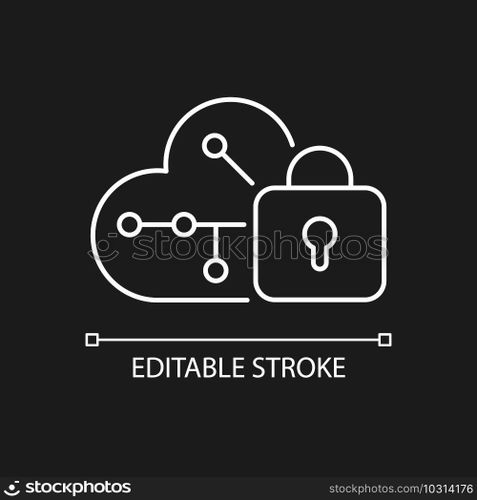 Cloud encryption white linear icon for dark theme. Transforming data using encryption algorithms. Thin line customizable illustration. Isolated vector contour symbol for night mode. Editable stroke. Cloud encryption white linear icon for dark theme