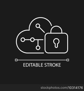 Cloud encryption white linear icon for dark theme. Transforming data using encryption algorithms. Thin line customizable illustration. Isolated vector contour symbol for night mode. Editable stroke. Cloud encryption white linear icon for dark theme