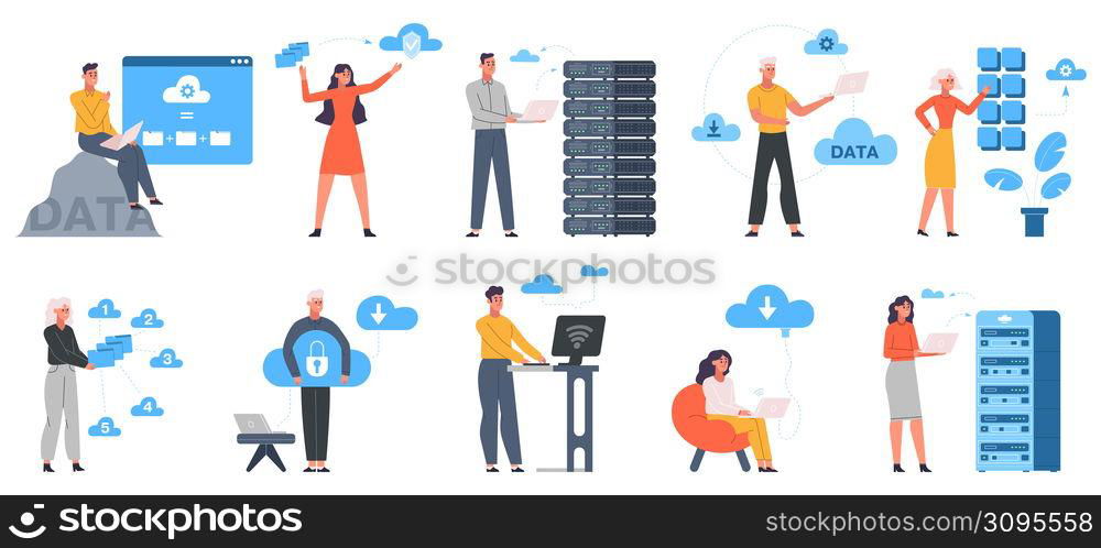 Cloud engineering, data storage, clould service server. Data cloud server, network hosting online services vector illustration set. Cloud hardware technology. Hardware datacenter connection. Cloud engineering, data storage, clould service server. Data cloud server, network hosting online services vector illustration set. Cloud hardware technology