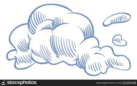 Cloud engraving. Nature shape in blue etching style isolated on white background. Cloud engraving. Nature shape in blue etching style