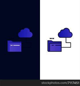 Cloud, Folder, Storage, File Icons. Flat and Line Filled Icon Set Vector Blue Background