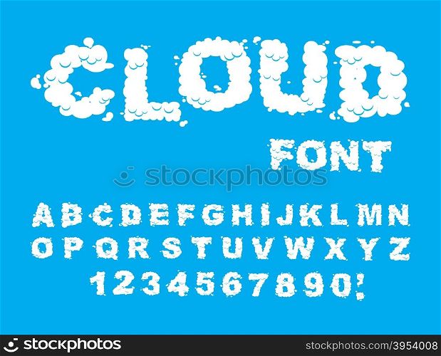 Cloud font. ABCs of white clouds in blue sky. Cloud letters and numbers. Alphabet of chubby letter cloud&#xA;
