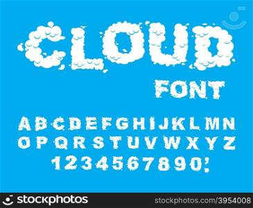 Cloud font. ABCs of white clouds in blue sky. Cloud letters and numbers. Alphabet of chubby letter cloud&#xA;