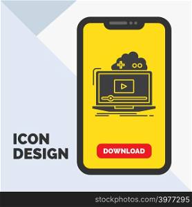 Cloud, game, online, streaming, video Glyph Icon in Mobile for Download Page. Yellow Background